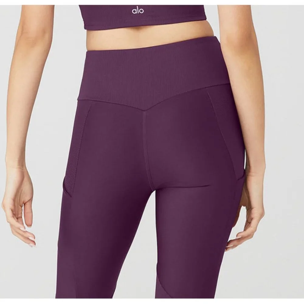 Alo Ribbed Airlift High-Waist 7/8 Enchanted Leggings Dark Plum Purple Hi-Rise S